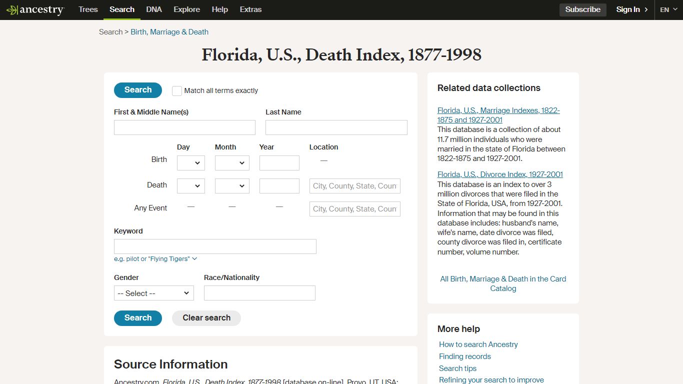 Florida, U.S., Death Index, 1877-1998 - Ancestry.com